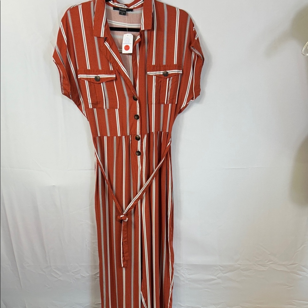 Toxik3 Terracotta Brown and White Striped Jumpsuit 1/2 Button Down New Size Lg